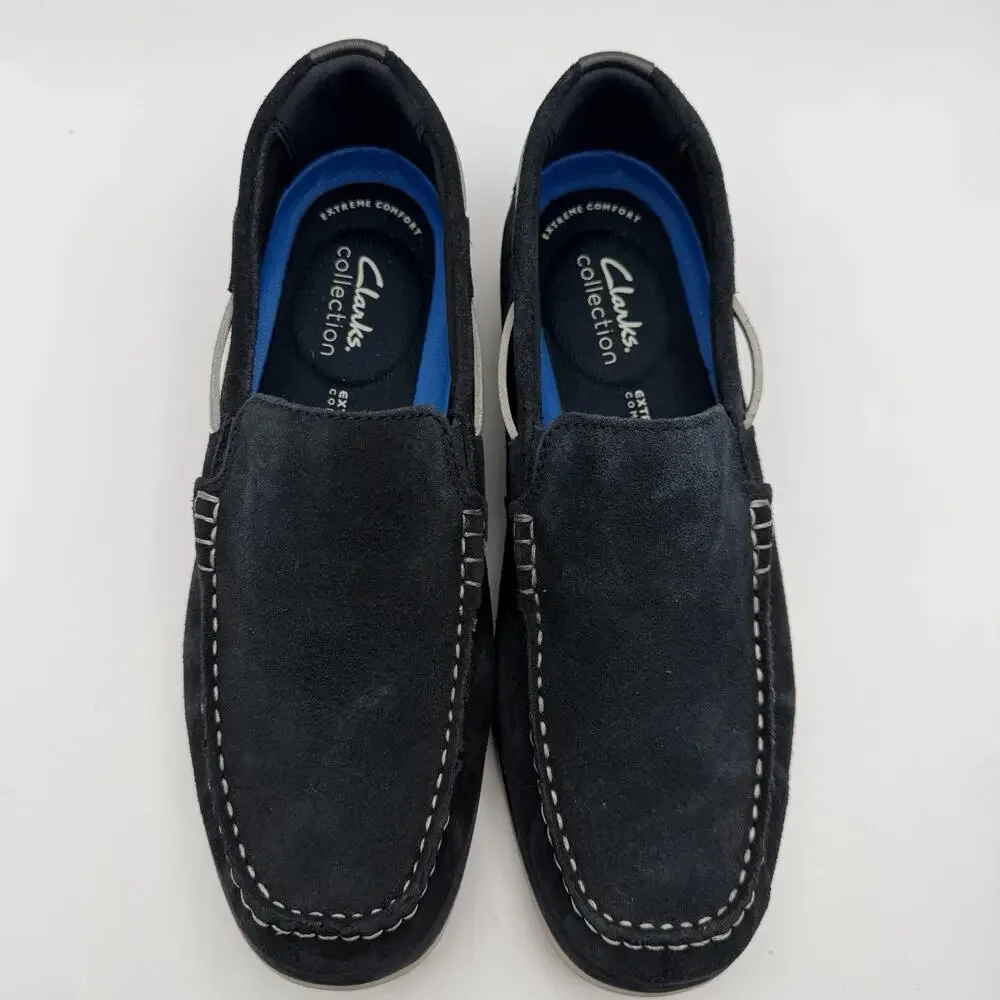 CLARKS Noonan Step Cushioned Men's Sz 9 Loafers Slip-On Suede Navy Shoes Comfort